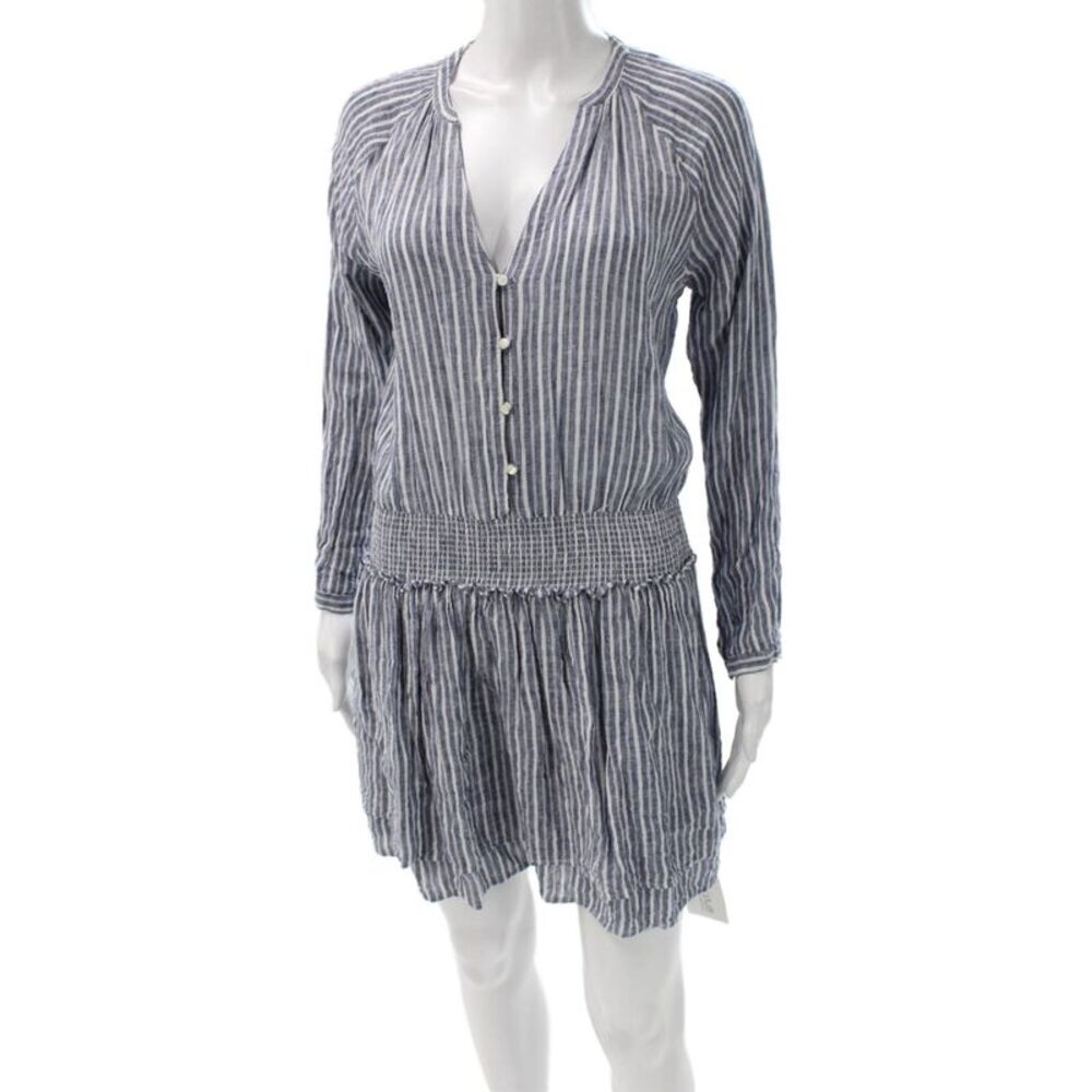 Rails Womens Mini Linen Striped V-Neck Long Sleeve Button Knee Dress Size XS